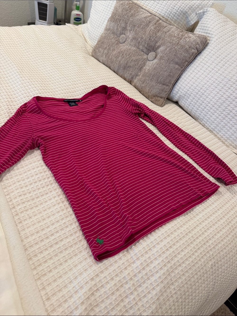 Ralph Lauren Sport Women's Long Sleeve Scoop Neck Stripe Tee - Fuchsia Sz M